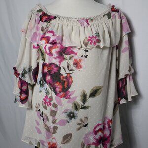 White House Black Market Pink Floral Elastic Collar Top Women's XL